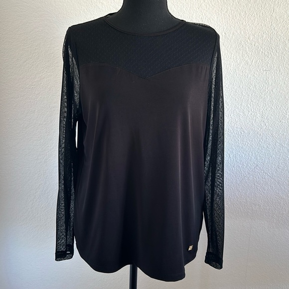 Anne Klein Sheer Mesh Black Sweetheart Neckline Long Sleeve Top Size Medium - Picture 1 of 8